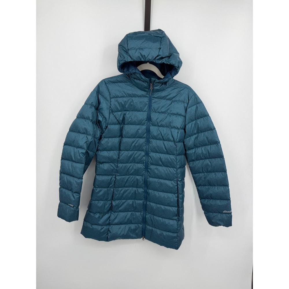 Eddie Bauer EB650 Down Puffer Jacket Women Sz M Teal Chevron Herringbone Hooded